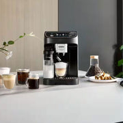 De'Longhi Magnifica Plus automatic coffee machine in black showing the 3.5 inch color touch display and LatteCrema milk carafe