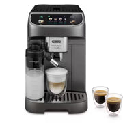 De'Longhi Magnifica Plus ECAM320.70.TB automatic coffee machine in titanium black featuring a 3.5-inch touch screen and milk carafe.