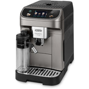 De'Longhi Magnifica Plus ECAM320.70.TB automatic coffee machine in titanium black featuring a 3.5-inch touch screen and milk carafe.