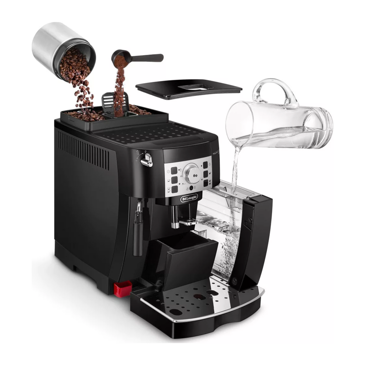 De'Longhi Magnifica S ECAM12.123.B Bean-to-Cup Coffee Machine in Black, with the milk frother and accessories