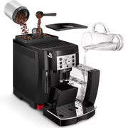 DeLonghi Magnifica S ECAM12.123.B automatic espresso machine in black featuring a control dial, buttons, and manual steam wand.