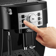 DeLonghi Magnifica S ECAM12.123.B automatic espresso machine in black featuring a control dial, buttons, and manual steam wand.