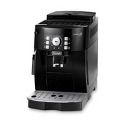 DeLonghi Magnifica S ECAM12.123.B automatic espresso machine in black featuring a control dial, buttons, and manual steam wand.