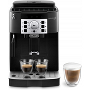 DeLonghi Magnifica S ECAM12.123.B automatic espresso machine in black featuring a control dial, buttons, and manual steam wand.