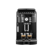 DeLonghi Magnifica S ECAM12.123.B automatic espresso machine in black featuring a control dial, buttons, and manual steam wand.
