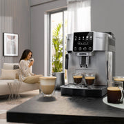 De'Longhi Magnifica Start automatic coffee machine in silver and black featuring one-touch icons and manual steam wand.