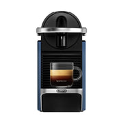 De'Longhi Nespresso Pixie capsule coffee machine in Electric Blue featuring industrial metal side panels and a slim profile.