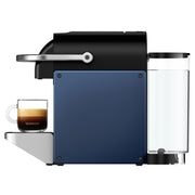 De'Longhi Nespresso Pixie capsule coffee machine in Electric Blue featuring industrial metal side panels and a slim profile.