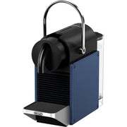 De'Longhi Nespresso Pixie capsule coffee machine in Electric Blue featuring industrial metal side panels and a slim profile.