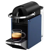 De'Longhi Nespresso Pixie capsule coffee machine in Electric Blue featuring industrial metal side panels and a slim profile.