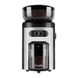 Dualit 75015 in Black, front view with full bean hopper and ground coffee tub