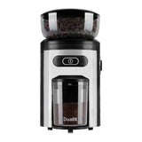 Dualit 75015 in Black, front view with full bean hopper and ground coffee tub