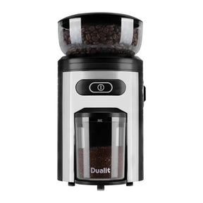 Dualit 75015 in Black, front view with full bean hopper and ground coffee tub