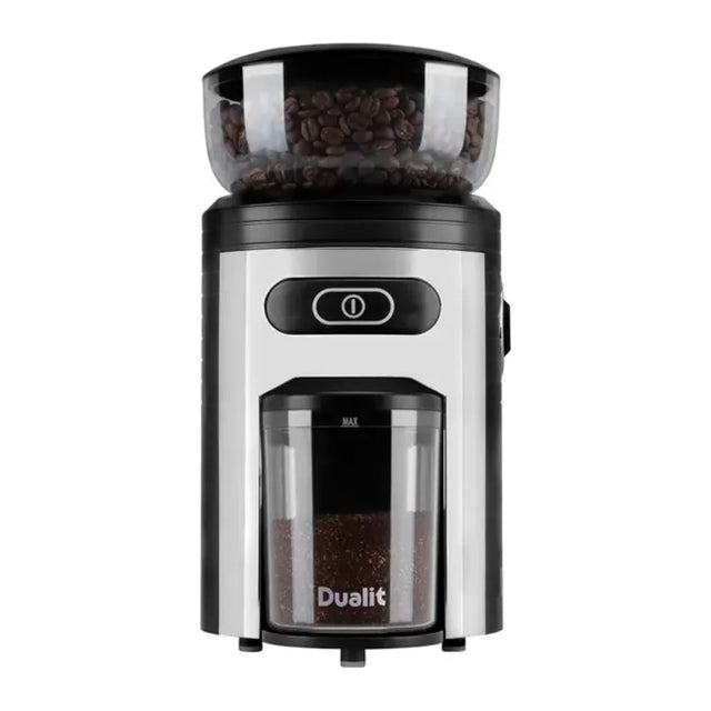Dualit 75015 in Black, front view with full bean hopper and ground coffee tub