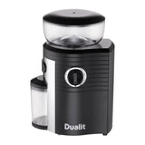 Dualit 75015 in Black, side angle showing the round dial and empty hopper