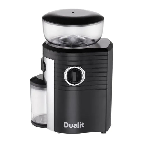 Dualit 75015 in Black, side angle showing the round dial and empty hopper