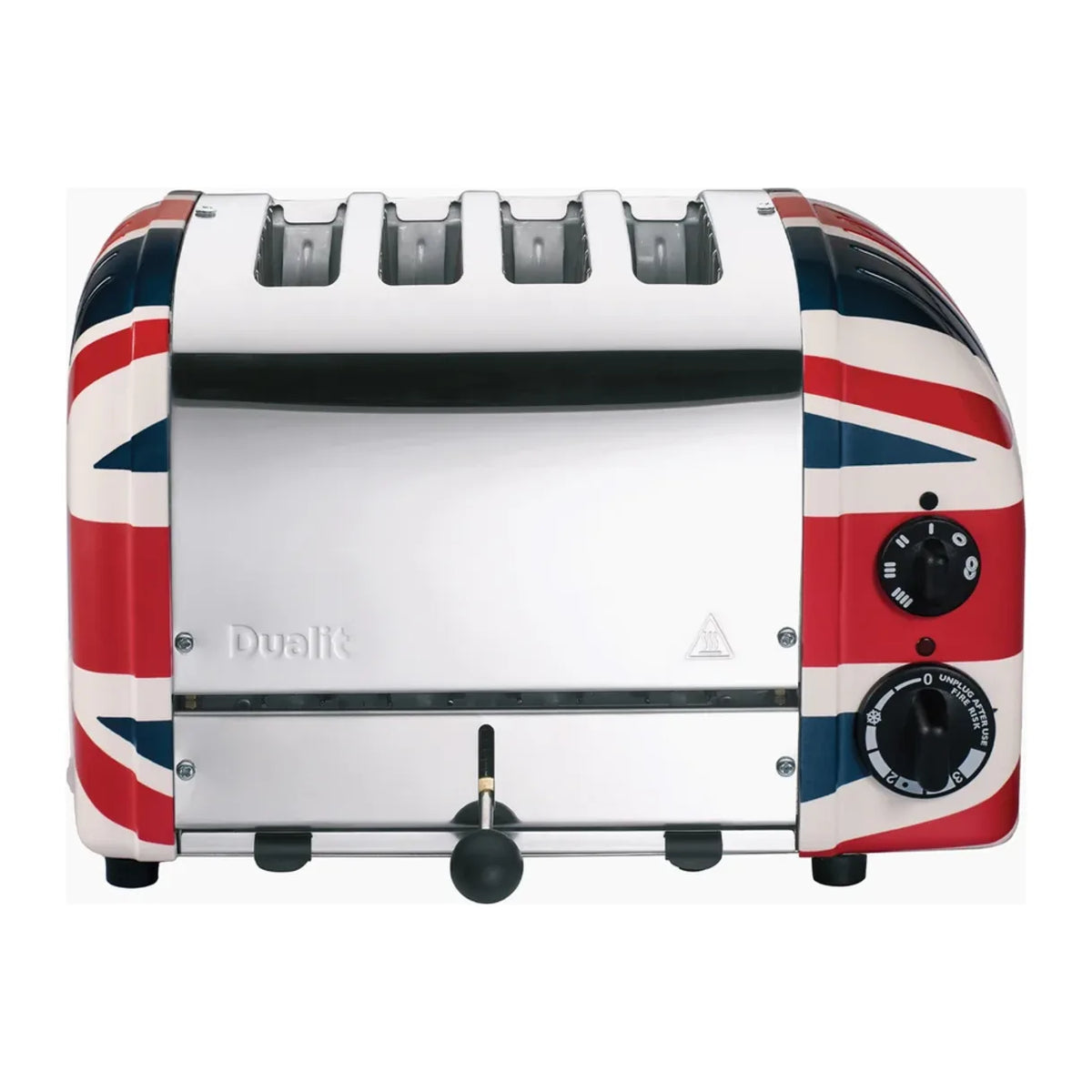 Dualit 47205, front view of four-slot toaster with flag side panels