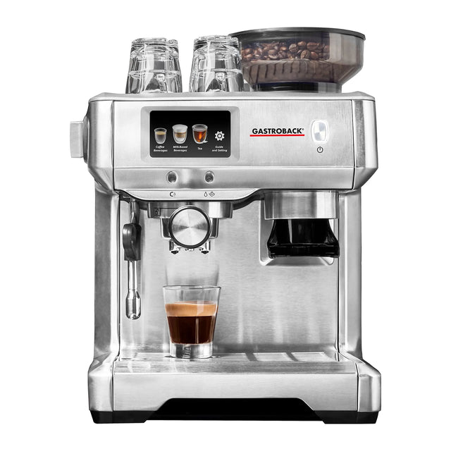 Gastroback 42623, front view with glasses on top and espresso in a glass