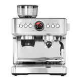 Gastroback 42626, front view with bean hopper, pressure gauge and portafilter