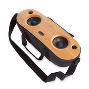 House of Marley Bag of Riddim 2 wireless speaker in its black REWIND fabric carry bag with a solid bamboo faceplate.