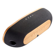 House of Marley Bag of Riddim 2 wireless speaker in its black REWIND fabric carry bag with a solid bamboo faceplate.