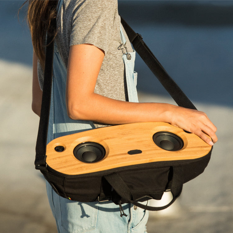 House of Marley Bag of Riddim 2 EM-JA014-SB Bluetooth Speaker in Signature Black, carried on the shoulder
