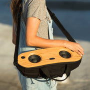 House of Marley Bag of Riddim 2 wireless speaker in its black REWIND fabric carry bag with a solid bamboo faceplate.