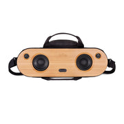 House of Marley Bag of Riddim 2 wireless speaker in its black REWIND fabric carry bag with a solid bamboo faceplate.