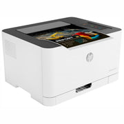 HP Color Laser 150nw wireless printer in white, showing its ultra-compact design and LED control panel.