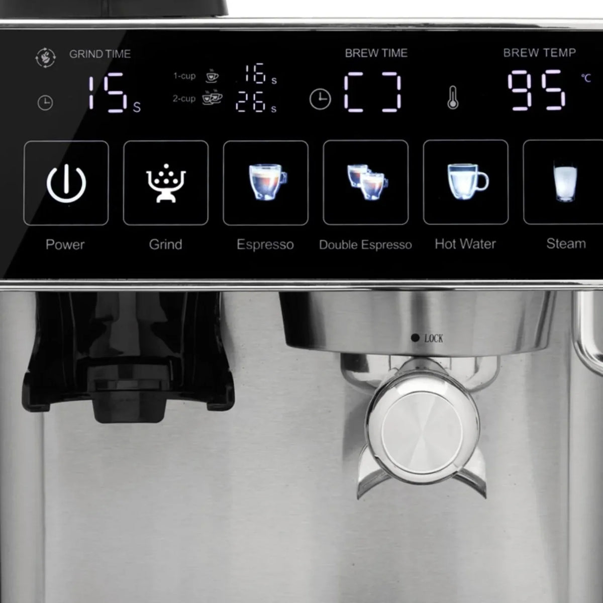 Izzy Home Barista IZ-6026 Espresso Machine in Brushed Stainless Steel, controls and display
