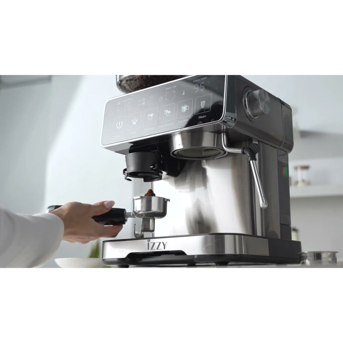 Izzy Home Barista IZ-6026 Espresso Machine in Brushed Stainless Steel, in use