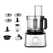 Kenwood FDM301SS MultiPro Compact food processor in silver with 2.1L bowl and blender attachment on a kitchen counter.