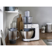 Kenwood Prospero+ Kitchen Machine in White, featuring a 4.3L stainless steel bowl and various attachments.