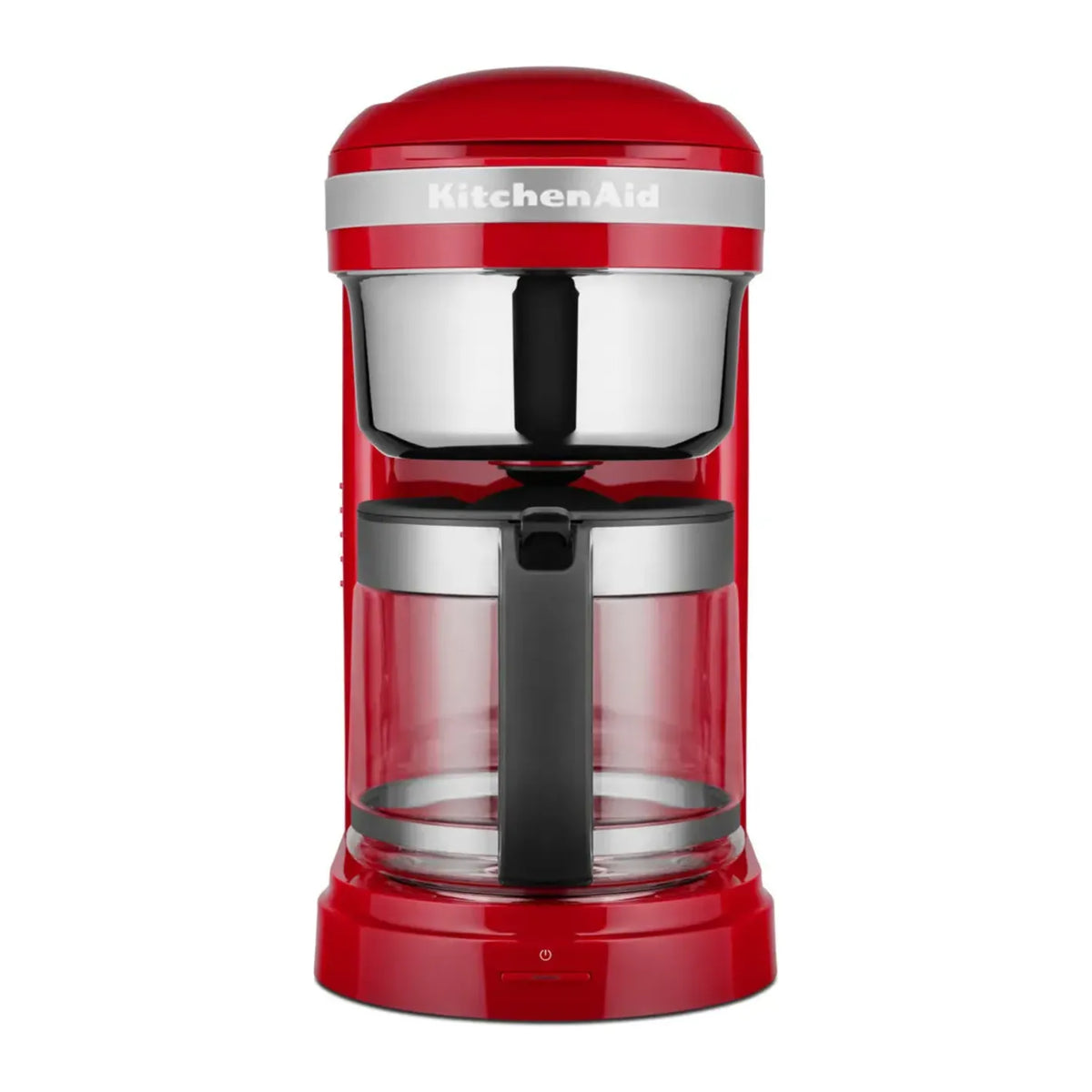 KitchenAid 5KCM1209BER in Empire Red, front view with glass jug and steel filter basket