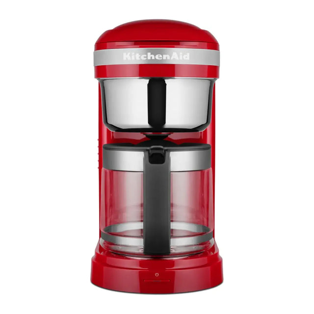 KitchenAid 5KCM1209BER in Empire Red, front view with glass jug and steel filter basket