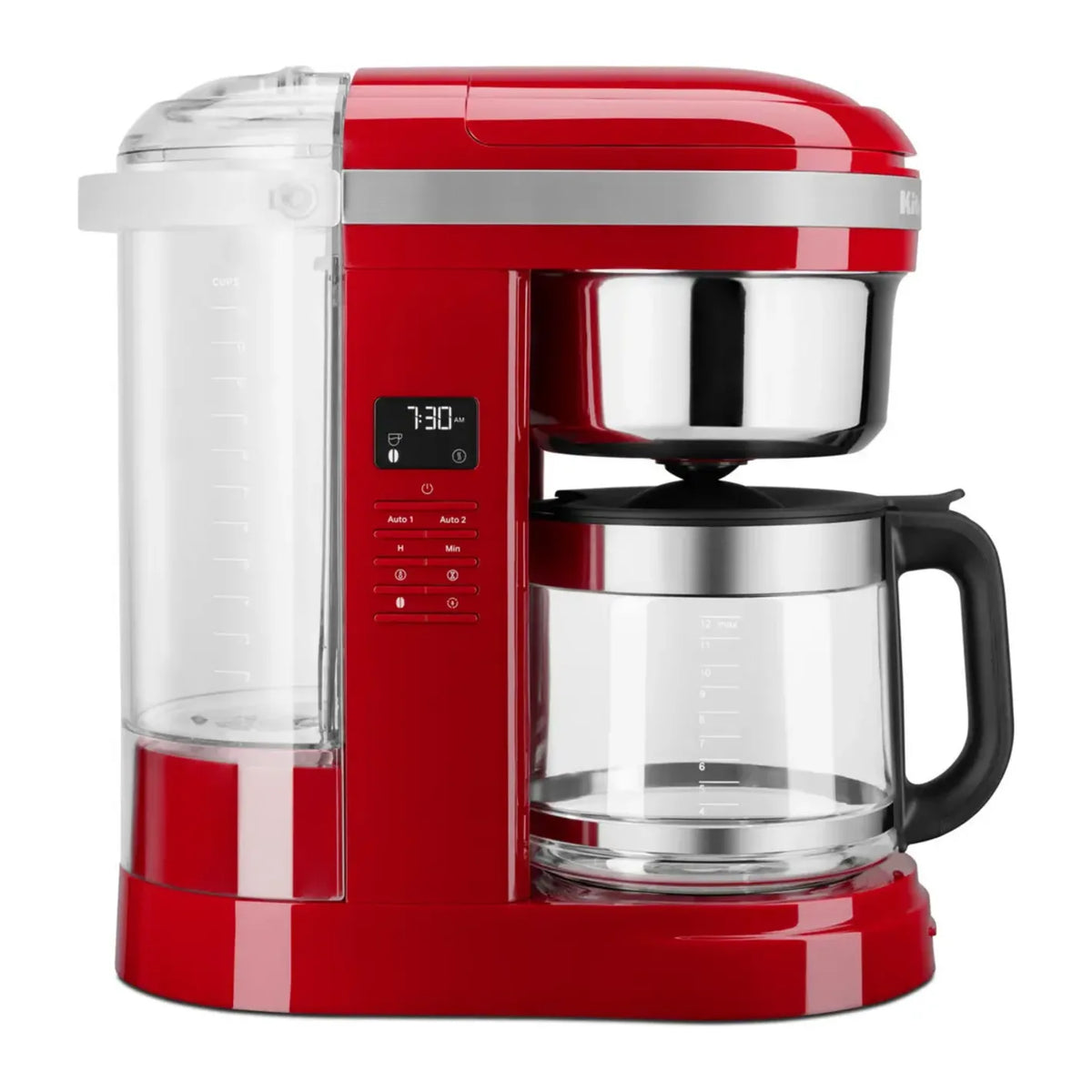KitchenAid 5KCM1209BER in Empire Red, side view with the water tank markings and control buttons