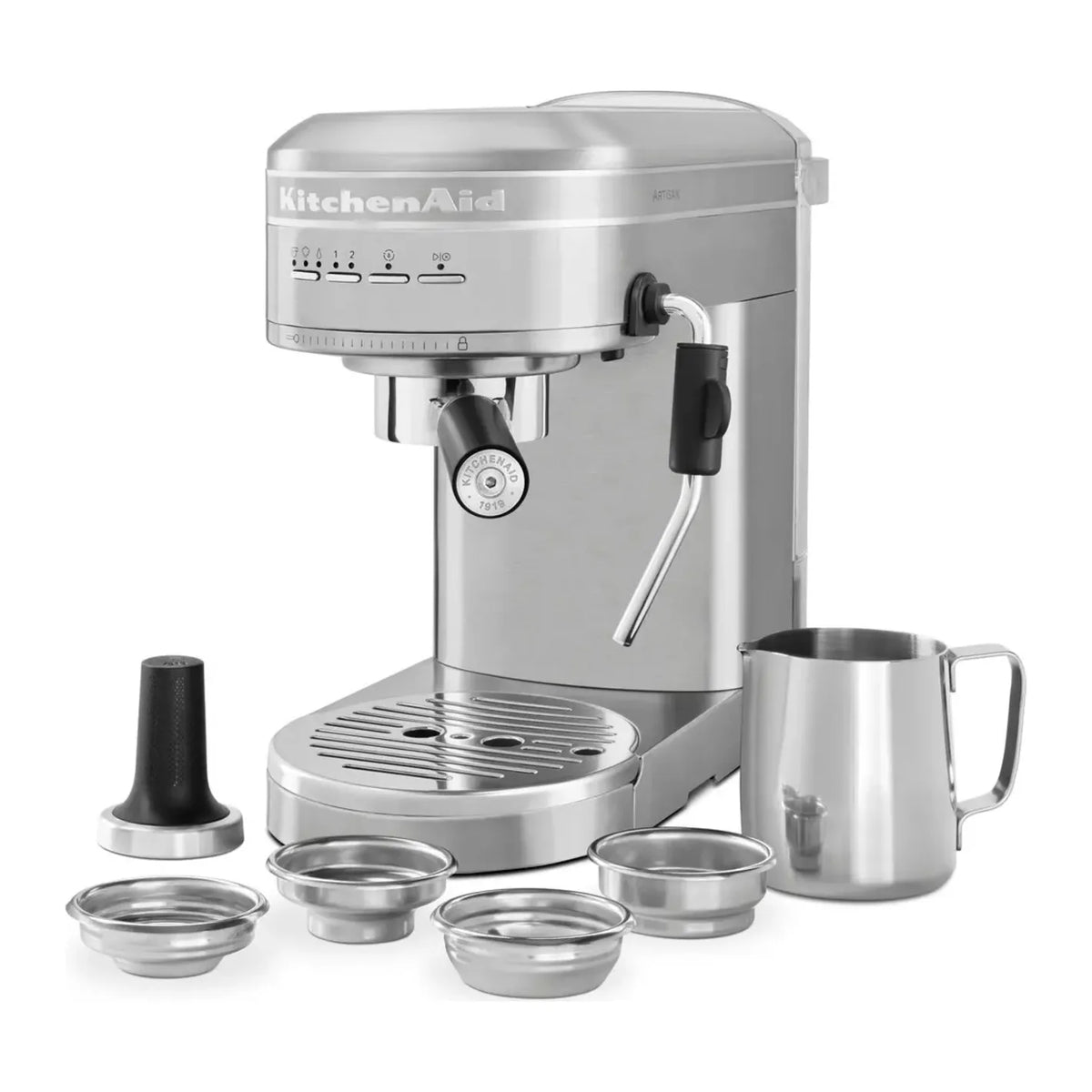 KitchenAid Artisan 5KES6503B Espresso Machine in Stainless Steel, with milk jug, tamper and four filter baskets