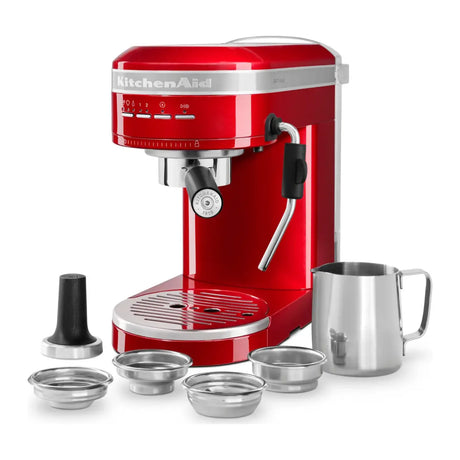KitchenAid Artisan 5KES6503B Espresso Machine in Candy Apple, glossy finish with milk jug, tamper and filter baskets