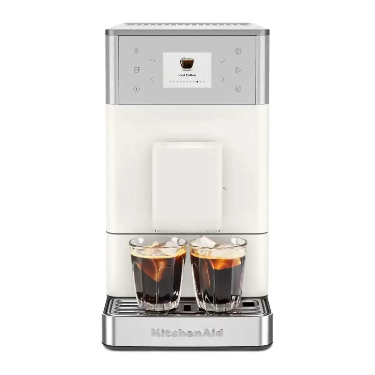KitchenAid 5KES8453B in Porcelain White, front view with two glasses of iced coffee