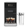 KitchenAid 5KES8454 in Matte Black, front view with two iced coffee glasses and milk jug