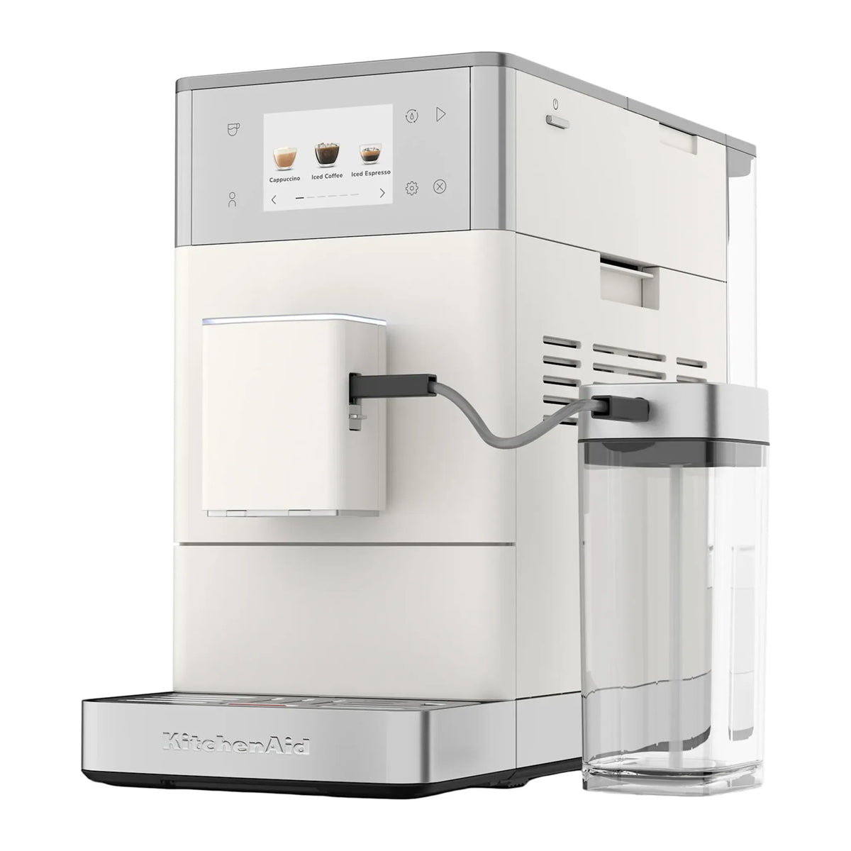 KitchenAid 5KES8454 in Porcelain White, three-quarter view of the light coloured machine with milk jug