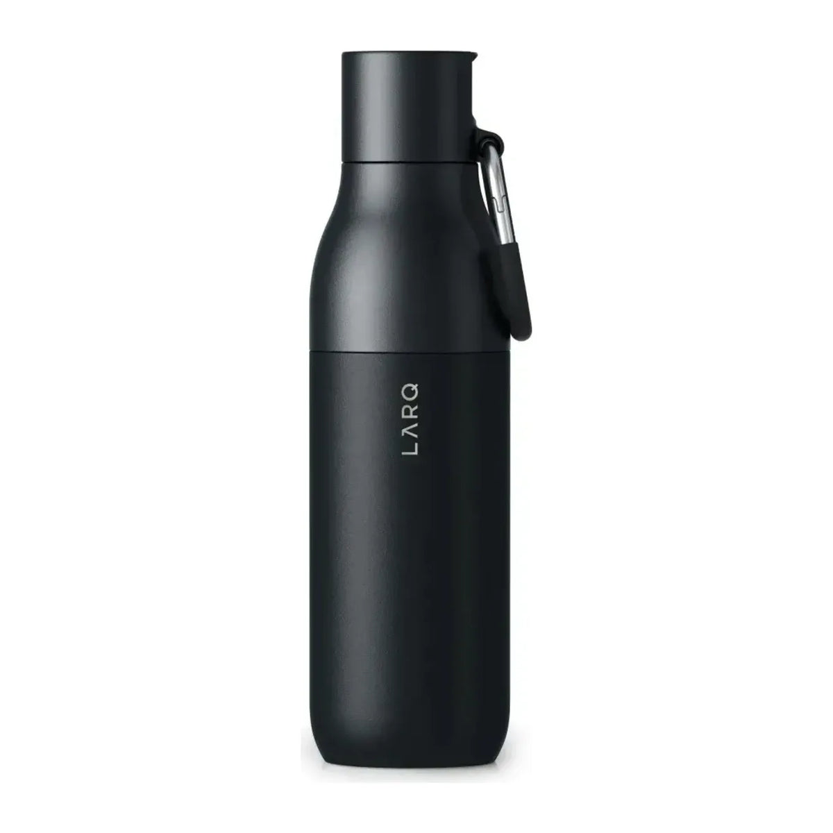 LARQ BNSOB074A, front view of bottle with carabiner on plain background