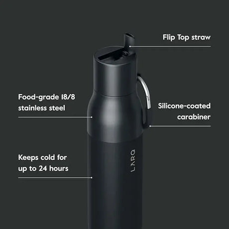 LARQ BNSOB074A, labelled close-up of the flip top straw and carabiner