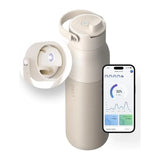 LARQ PuerVis 2 in Mojave Dune, bottle with lid close-up inset and phone app screen