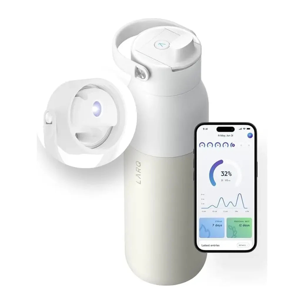LARQ PuerVis 2 in Granite White, bottle with lid close-up inset and phone app screen