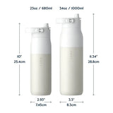 LARQ PuerVis 2 in Granite White, two bottle sizes side by side with measurements
