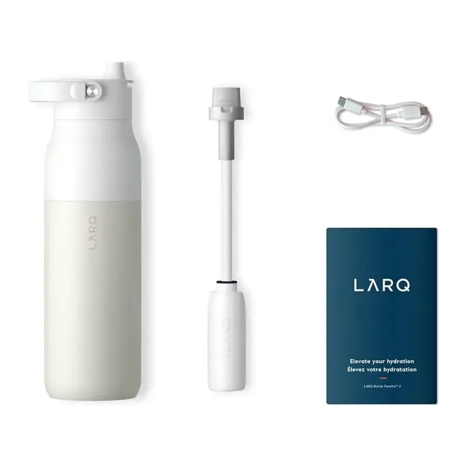 LARQ PuerVis 2 in Granite White, bottle, straw filter, charging cable and booklet laid out