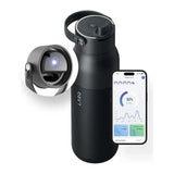 LARQ PureVis in Obsidian Black, bottle with lid close-up and phone app screen
