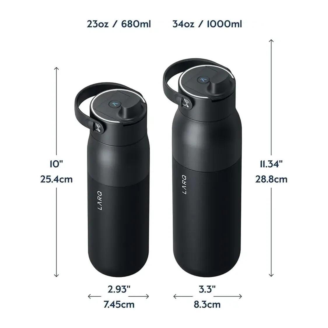 LARQ PureVis in Obsidian Black, two bottle sizes side by side with measurements