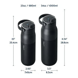 LARQ PureVis in Obsidian Black, two bottle sizes side by side with measurements